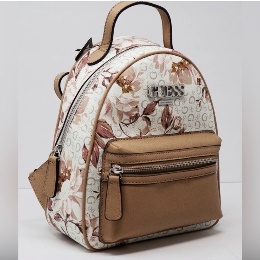 Guess Brown and Cream Floral Mini Backpack/Purse With Adjustable Straps